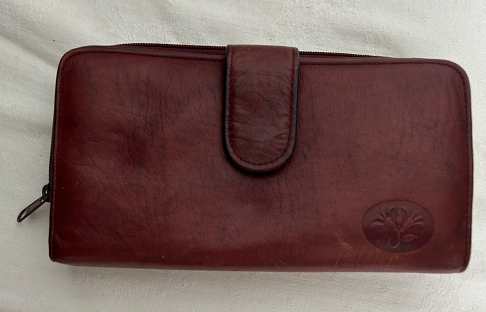 Julia Buxton Brown Genuine Leather Wallet Zip Around Removable Photo Organizer